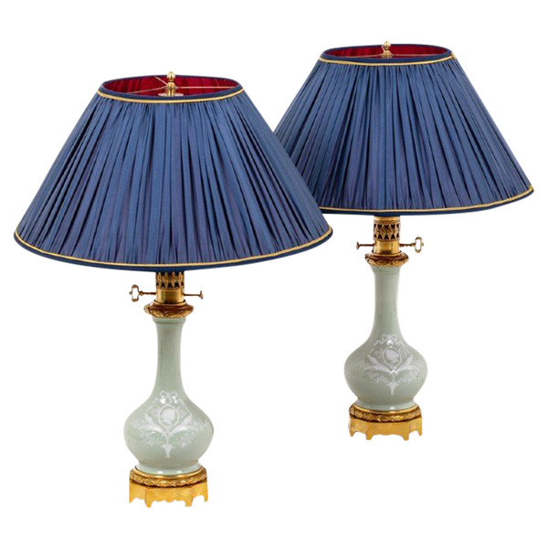 Pair Of Louis XVI Style Celadon Porcelain Lamp, Circa 1880 - Ls4364591