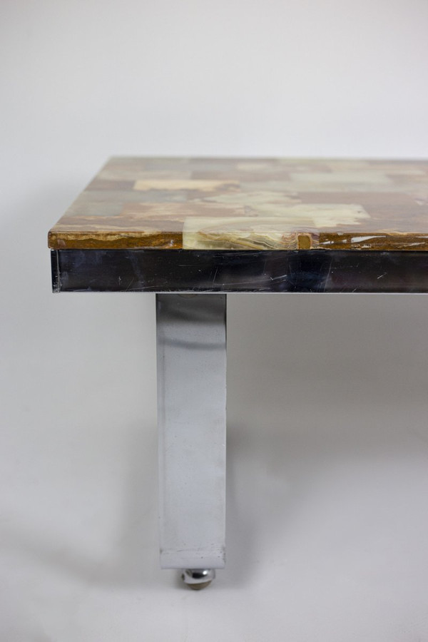 Coffee Table In Onyx And Chromed Metal, 1970s - Ls4303201