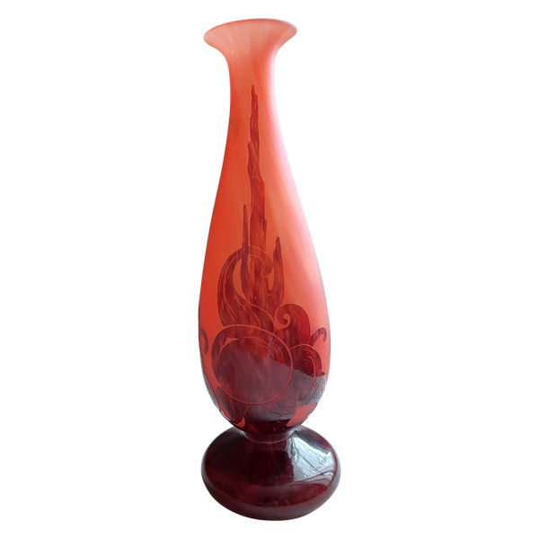 Französische Art-Deco-Vase aus Glas, signiert mit Pflaumendekor, ca. 1924, säuregeätzt