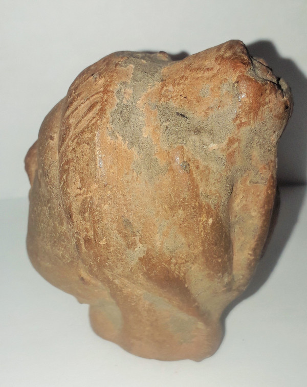 Antique head of a woman with a highlighted hairstyle raised in a high bun terracotta height 7.2 width 4 depth 5.5 cm