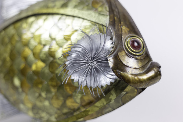 Pesce In Foglie Di Rame, Ottone E Peltro, Anni '70 - Op44281