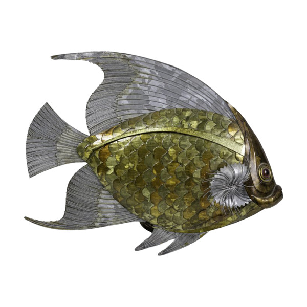 Pesce In Foglie Di Rame, Ottone E Peltro, Anni '70 - Op44281