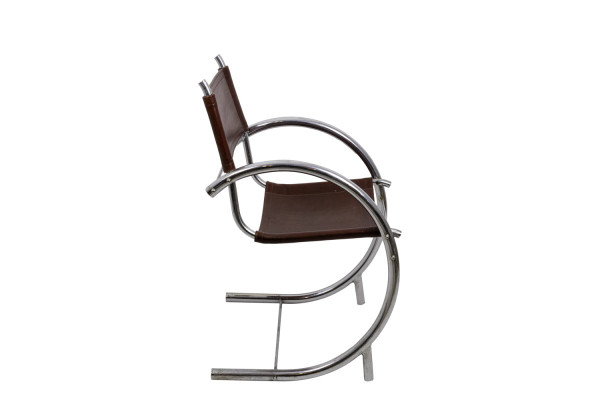 Armchair In Chromed Metal And Red Leather, 1930s - Ls3932651