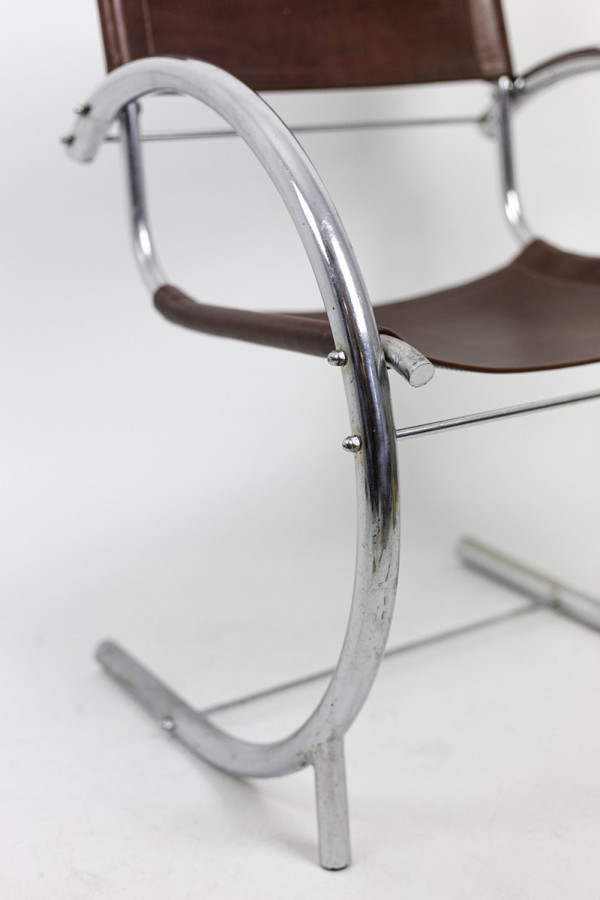 Armchair In Chromed Metal And Red Leather, 1930s - Ls3932651