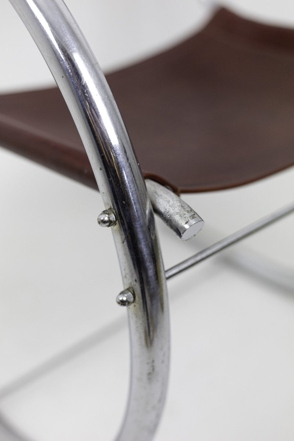 Armchair In Chromed Metal And Red Leather, 1930s - Ls3932651