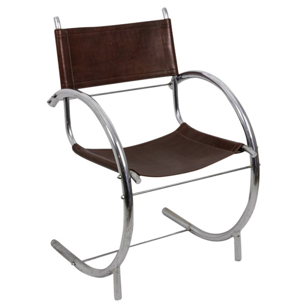 Armchair In Chromed Metal And Red Leather, 1930s - Ls3932651