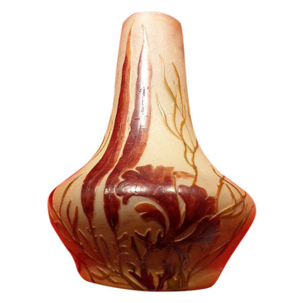 Glass paste vase signed Legras with acid-etched decoration of seaweed and aquatic plants on an orange-yellow opacified background, height 23 cm