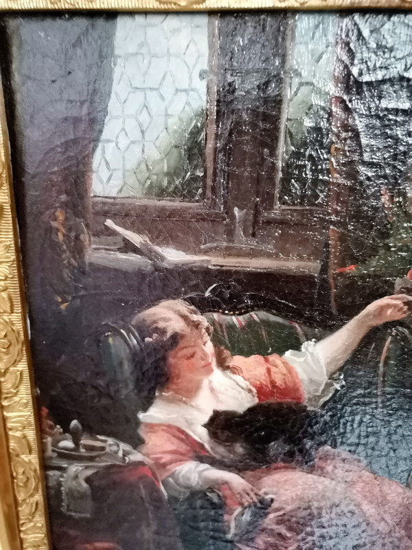 Gemälde Öl auf Leinwand Frau mit Katze orientalische Schule unsigniert Höhe 47,5 Breite 40,5 Tiefe 7 cm