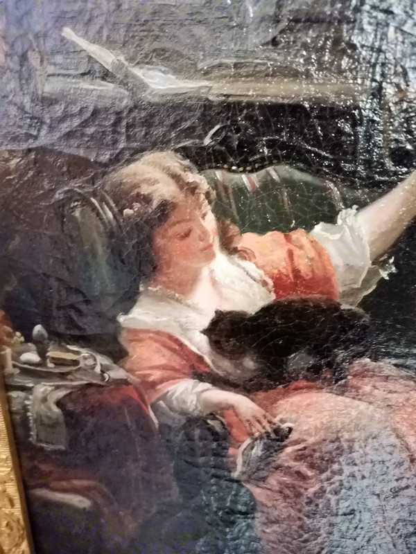 Gemälde Öl auf Leinwand Frau mit Katze orientalische Schule unsigniert Höhe 47,5 Breite 40,5 Tiefe 7 cm