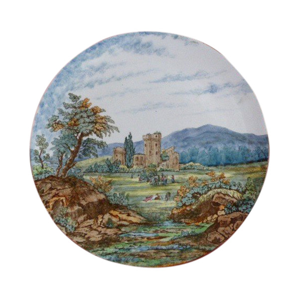 Raro piatto Gien con decoro forte e paesaggio diam 29,8 cm