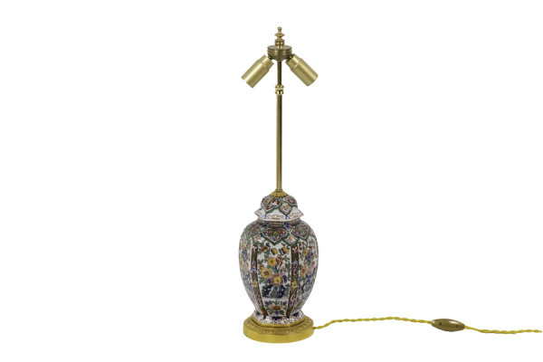 Piccola lampada in maiolica di Delft e bronzo dorato, 1880 circa - Ls2924231