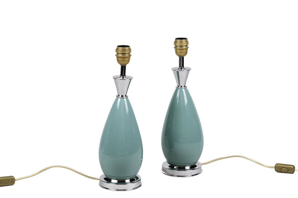 Ein Paar Lampen aus blauem Porzellan und silbernem Messing, 1970er Jahre - Ls3278571
