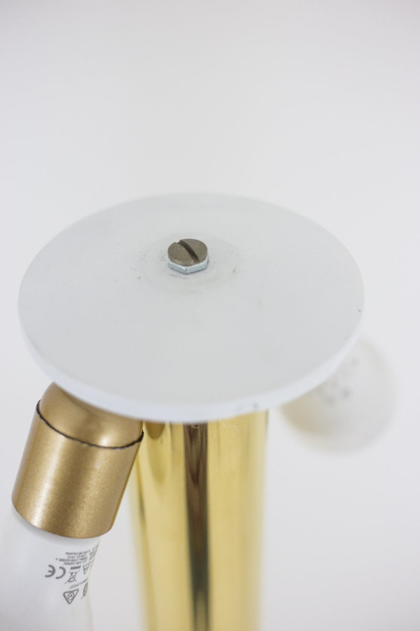 Lampada da terra in legno e ottone dorato, anni '70 - Ls4168401