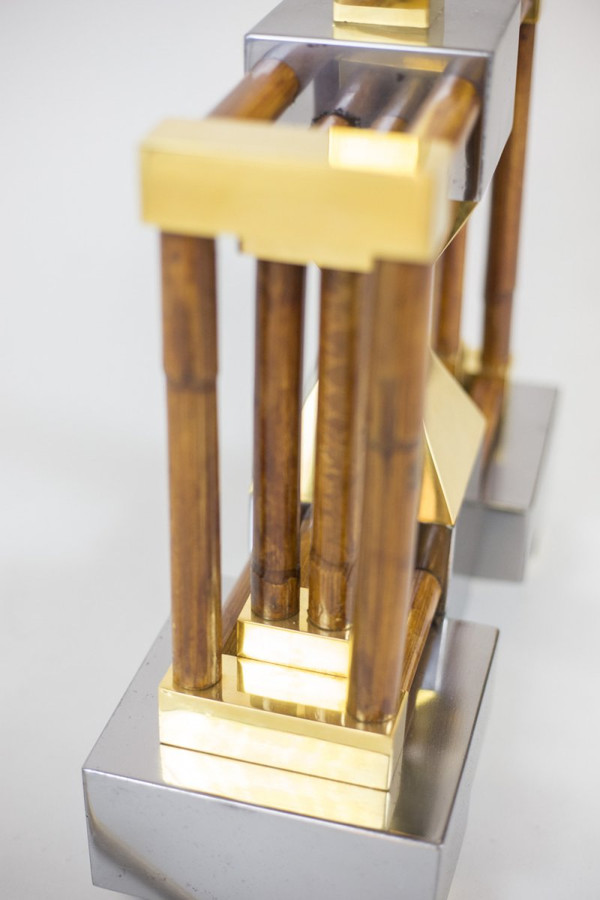 Bamboo Lamp, Gold And Silver Brass, 1970's - Ls4120741
