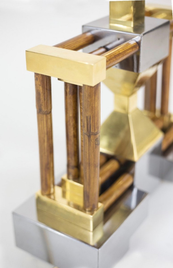 Bamboo Lamp, Gold And Silver Brass, 1970's - Ls4120741