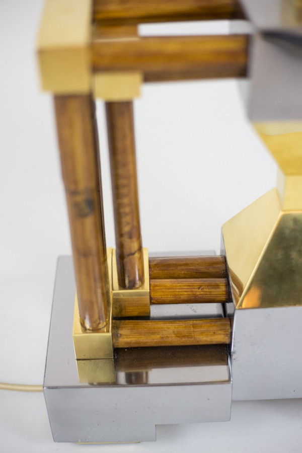 Bamboo Lamp, Gold And Silver Brass, 1970's - Ls4120741