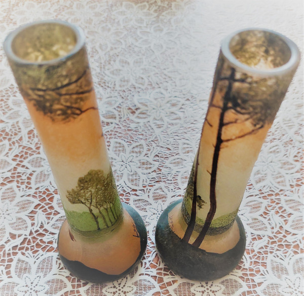 Pair of small acid-etched glass vases decorated with a lake scene high 16 neck 2.7 base 6.4 cm