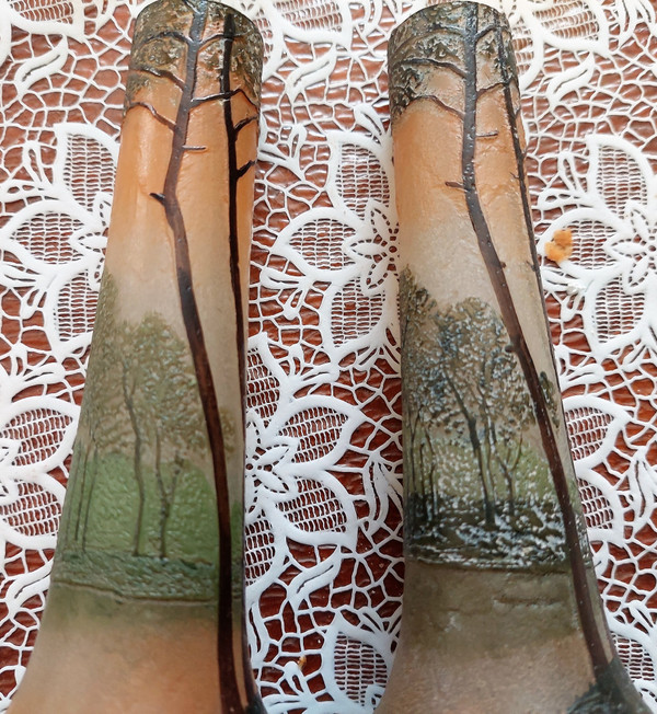 Pair of small acid-etched glass vases decorated with a lake scene high 16 neck 2.7 base 6.4 cm