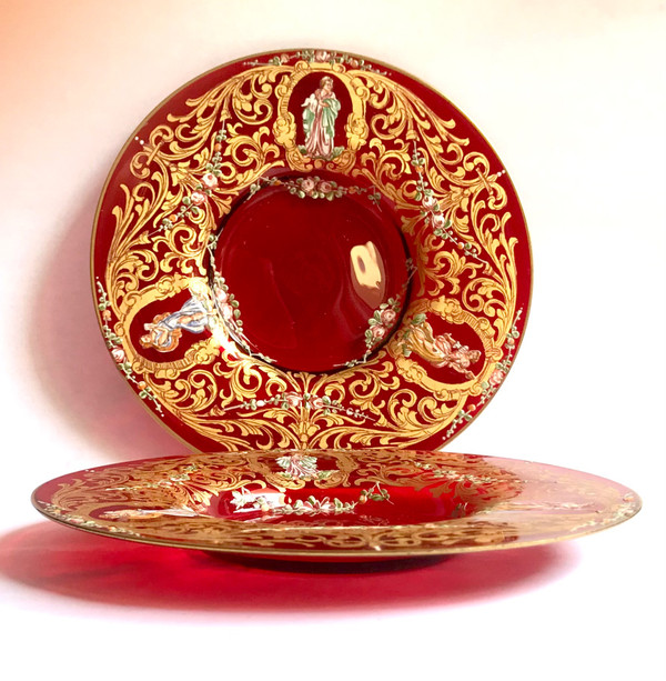 Pair of cups and saucers in ruby red enamelled Venetian glass