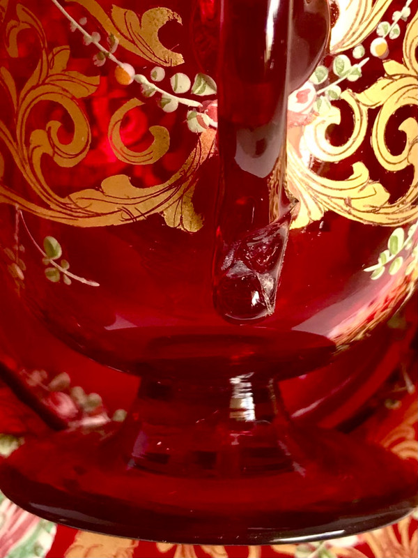 Pair of cups and saucers in ruby red enamelled Venetian glass