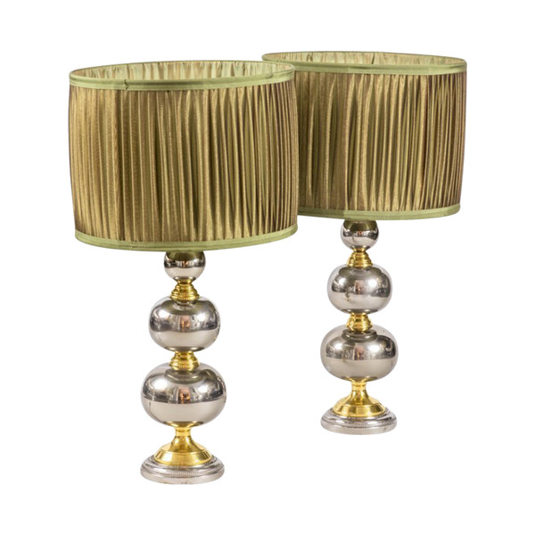 Paire De Lampes Chapelet En Métal Chromé Et Doré, Années 1970 - Ls3888341