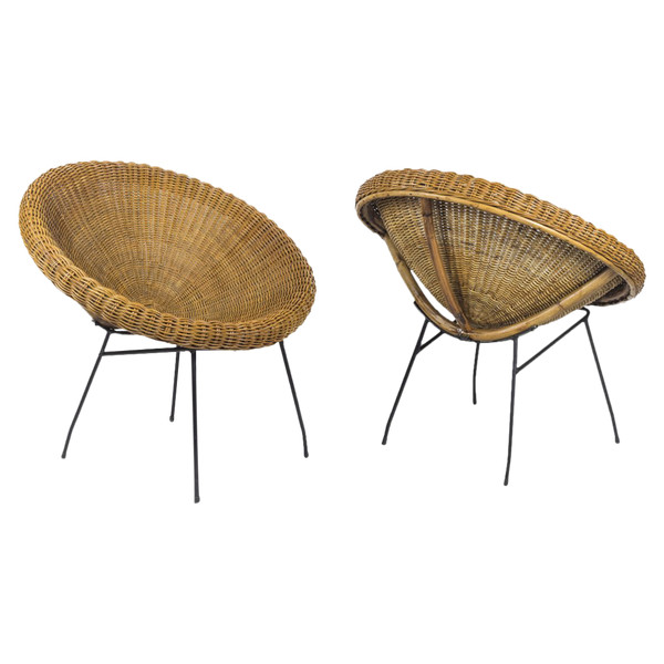 Coppia di sedie da sole in vimini nero e metallo, anni '50 - LS3953801