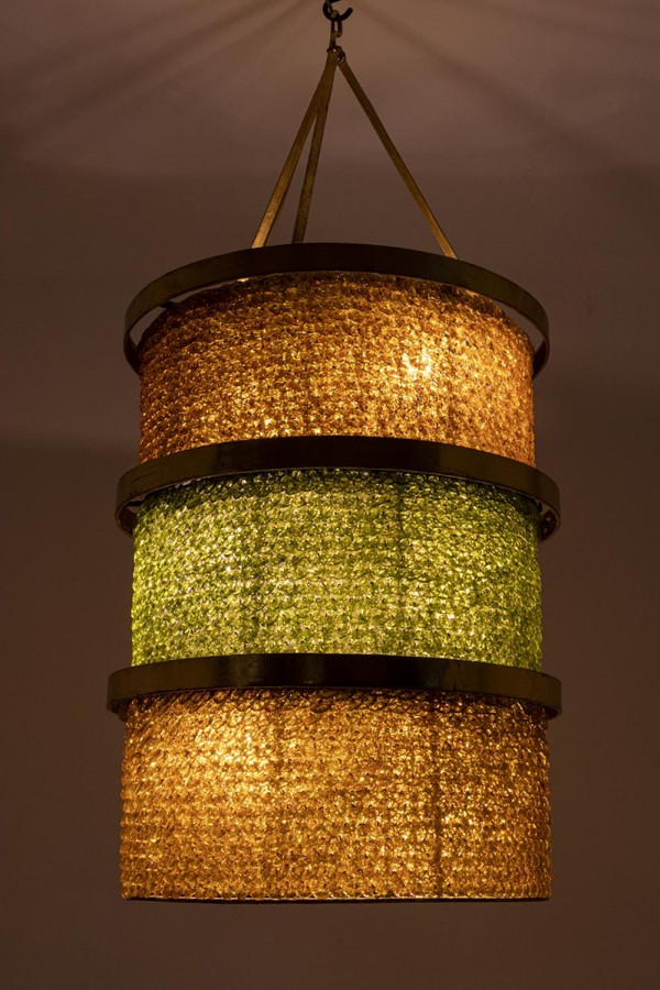 Grande Lanterne En Fer Et Verre Jaune Et Vert, Années 1950 - LS28482641