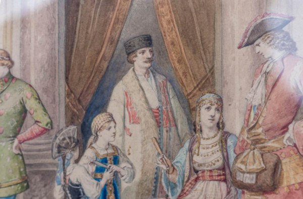 Acquerello, "Scena di ballo in costume", cornice in legno dorato, 1850 circa - LS3786221