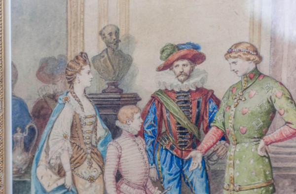 Acquerello, "Scena di ballo in costume", cornice in legno dorato, 1850 circa - LS3786221