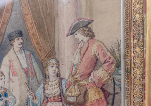 Acquerello, "Scena di ballo in costume", cornice in legno dorato, 1850 circa - LS3786221