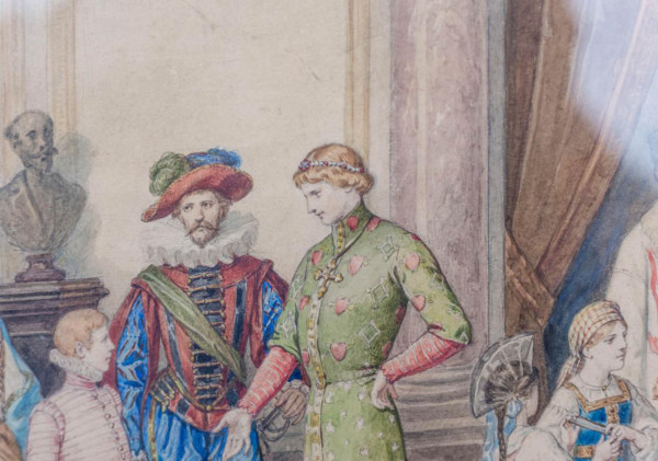 Acquerello, "Scena di ballo in costume", cornice in legno dorato, 1850 circa - LS3786221