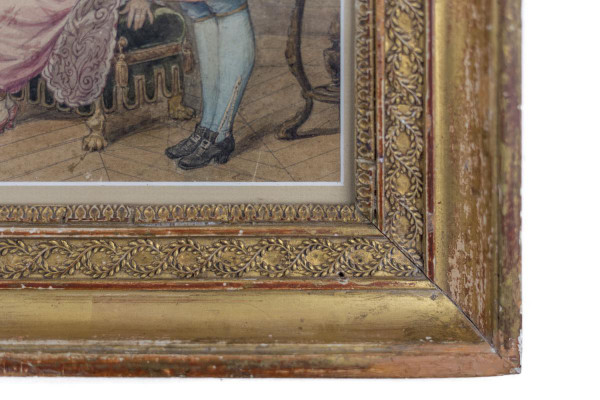 Acquerello, "Scena di ballo in costume", cornice in legno dorato, 1850 circa - LS3786221