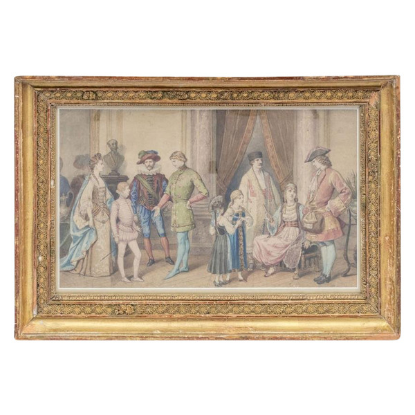 Acquerello, "Scena di ballo in costume", cornice in legno dorato, 1850 circa - LS3786221