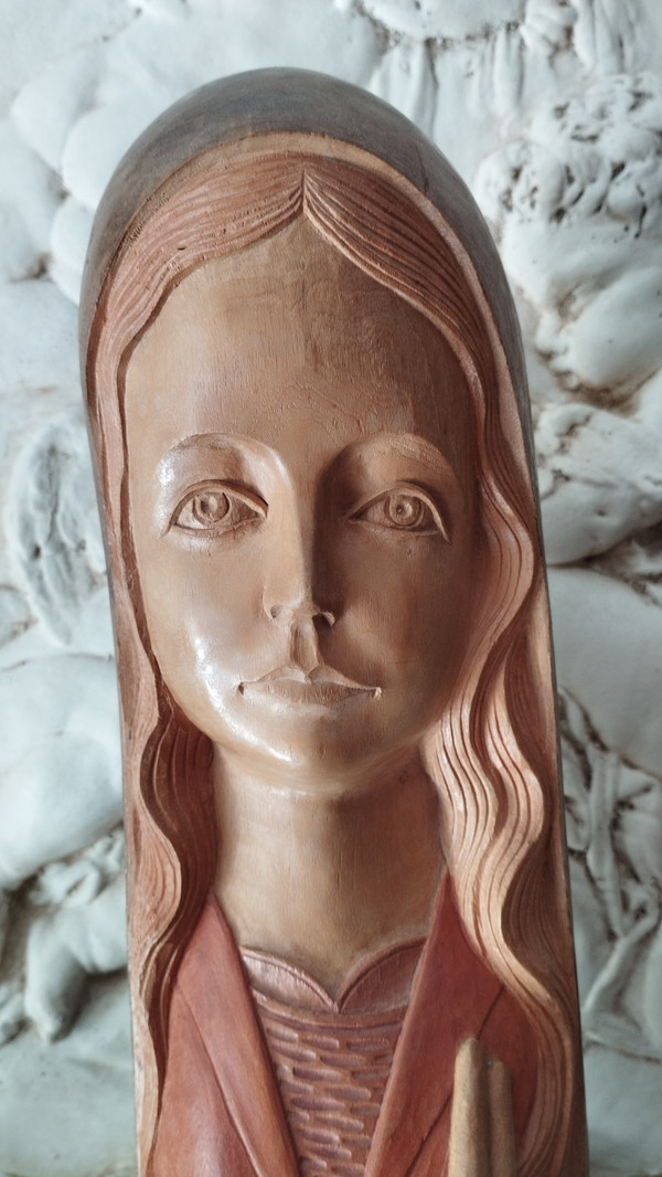 Stylized Madonna in polychrome wood by Ray Boterf-circa 1970