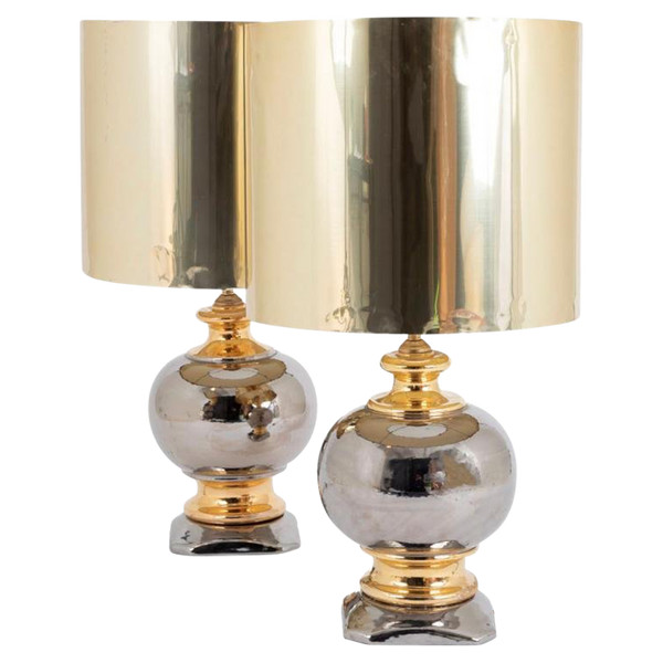 Coppia di lampade a sfera in ceramica con lustro argentato e dorato, circa 1960 - LS3297/3731/251