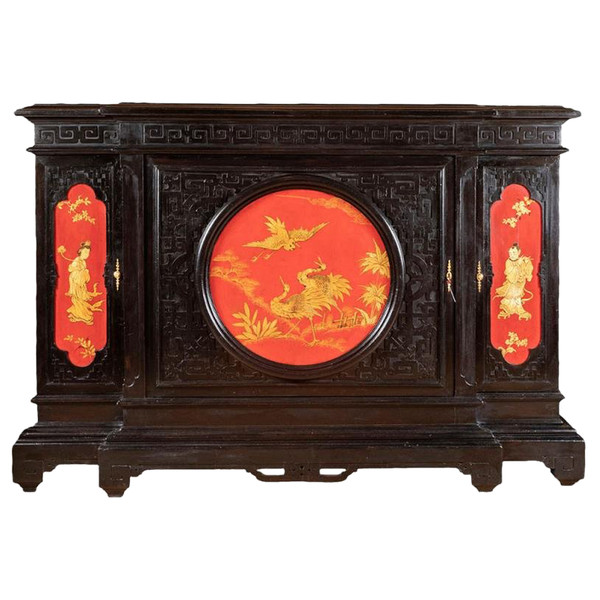 Grand Meuble D’appui Chinoisant En Bois Laqué Noir, Rouge Et Or, Vers 1880 - LS37661501