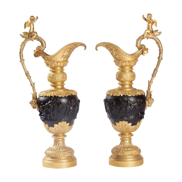 Clodion, Paire D'aiguières En Bronze à Deux Patines, Fin Du XIXème Siècle - LS14147851