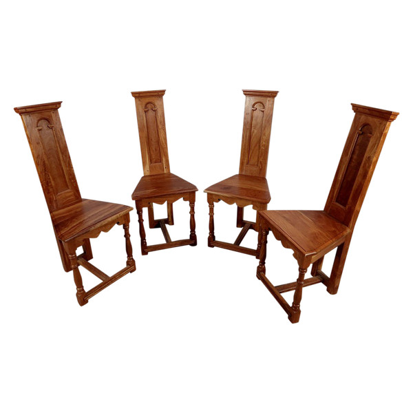 Suite of 4 Chairs in Solid Mahogany, Cathedral taste - XXth