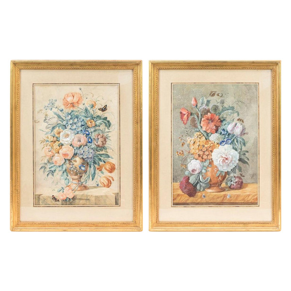 Coppia di gouaches con mazzi di fiori, fine XIX secolo - LS3555601