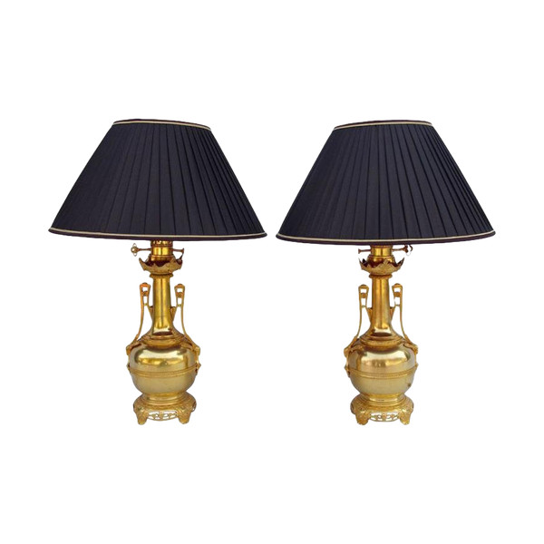 Coppia di lampade a bottiglia in ottone e bronzo dorato, 1880 circa - LS2158891