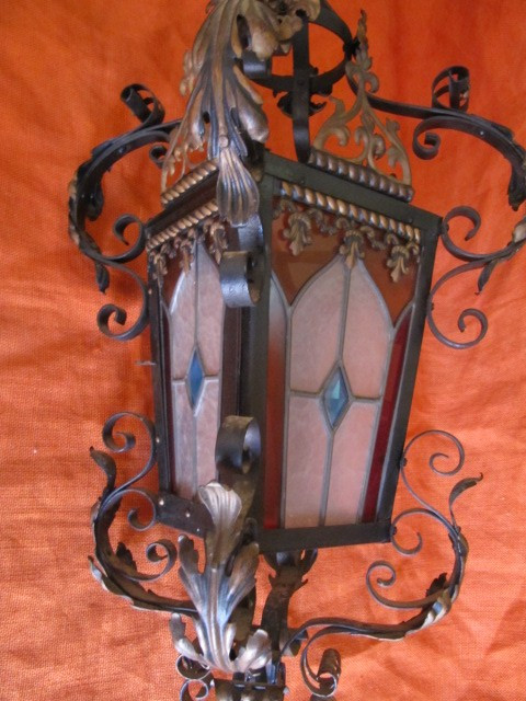 Chandelier with stained glass and wrought iron consists of four XIXth sides