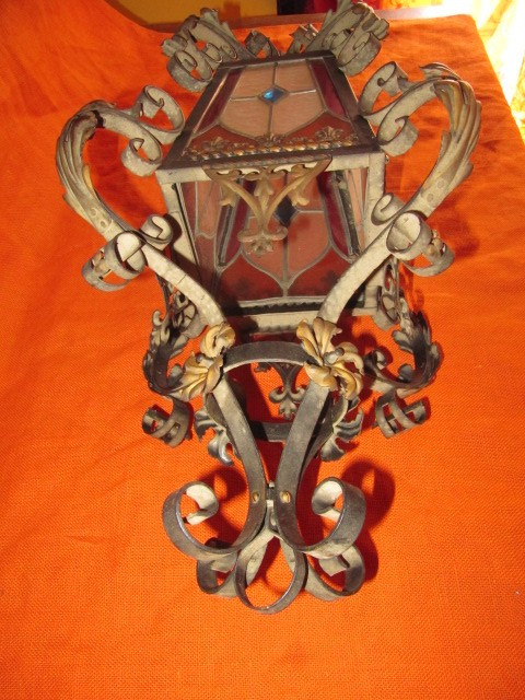 Chandelier with stained glass and wrought iron consists of four XIXth sides