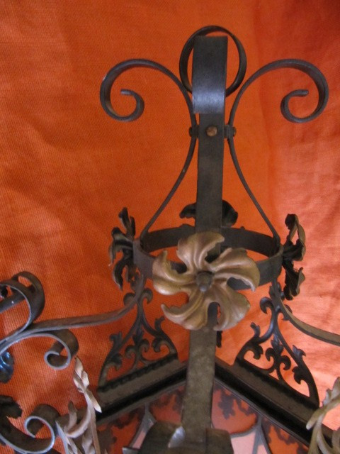 Chandelier with stained glass and wrought iron consists of four XIXth sides