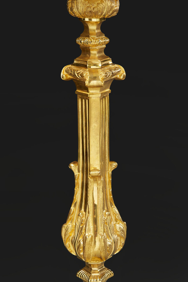 Pair Of Gilded Bronze Candlesticks With Medallion Decoration And Lampshade, 19th Century 