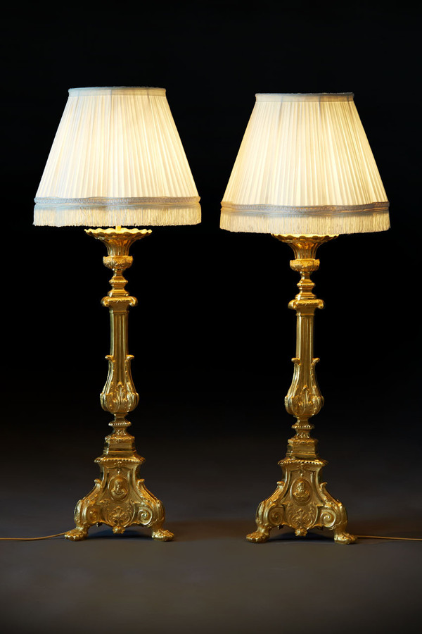 Pair Of Gilded Bronze Candlesticks With Medallion Decoration And Lampshade, 19th Century 