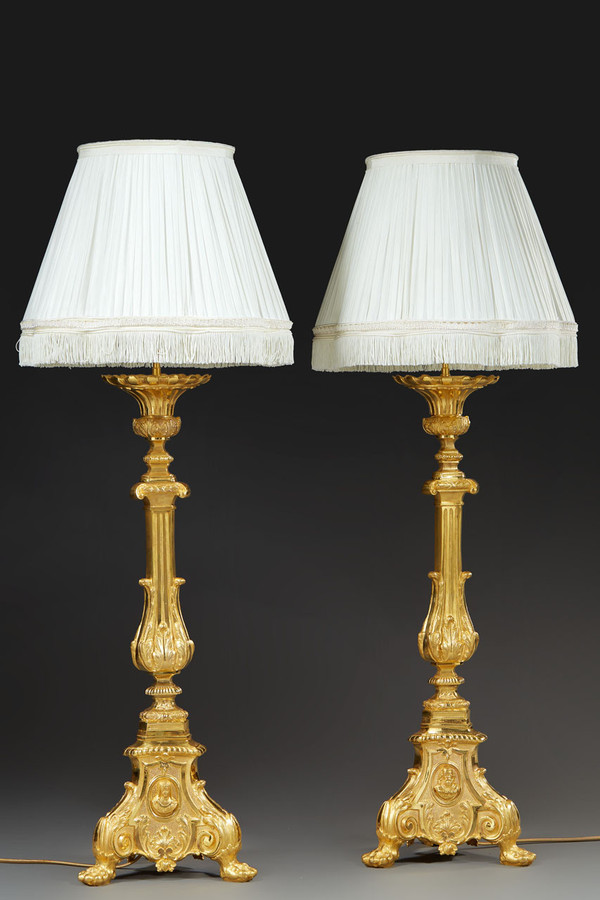 Pair Of Gilded Bronze Candlesticks With Medallion Decoration And Lampshade, 19th Century 
