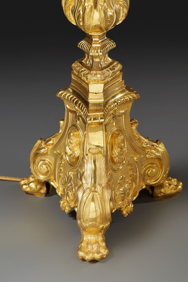 Pair Of Gilded Bronze Candlesticks With Medallion Decoration And Lampshade, 19th Century 