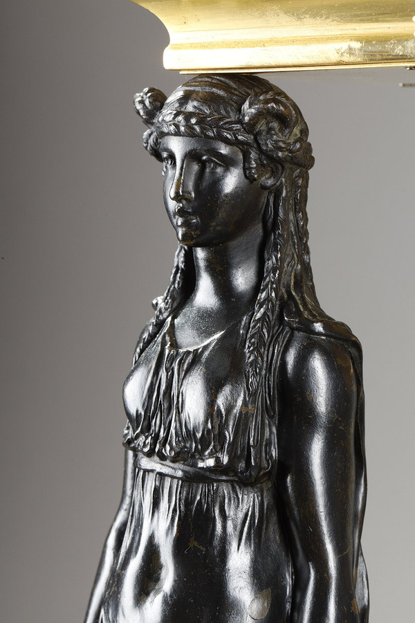 Jardinière de table à cariatides en bronze et marbre vert de mer, style Empire, XIXe siècle
