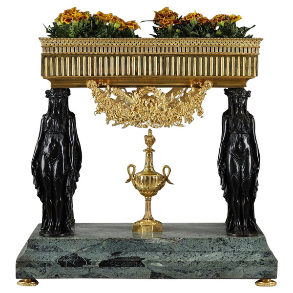 Jardinière de table à cariatides en bronze et marbre vert de mer, style Empire, XIXe siècle