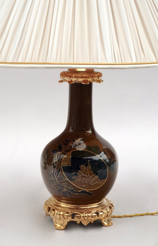 Paire de lampes en porcelaine japonisante brune et bleue, XIXe siècle - LS3521651